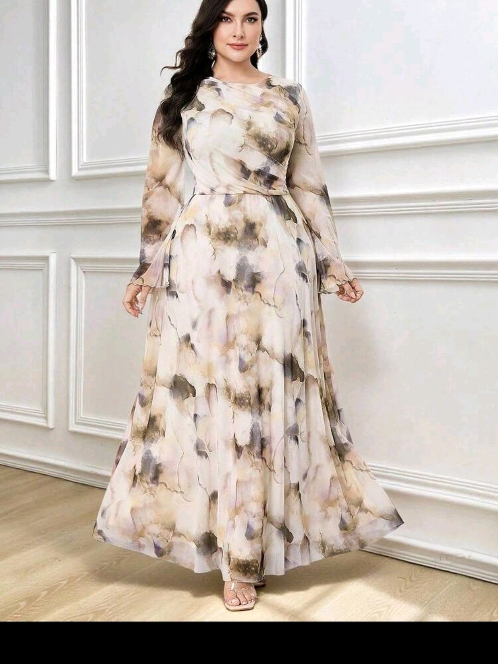 SHEIN Cream and Taupe Watercolor Print Maxi Dress